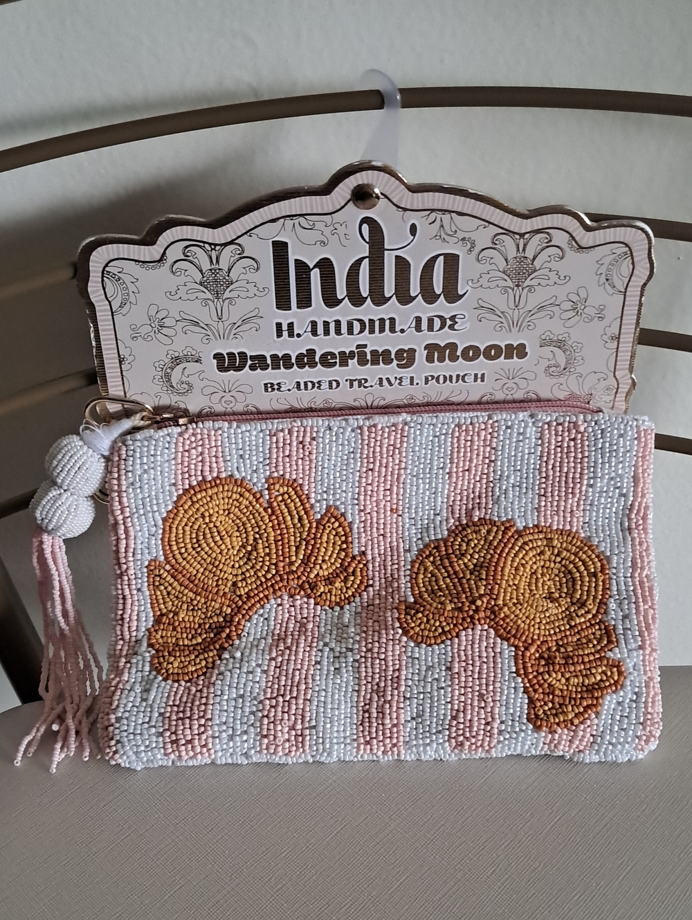 India Handmade Pink & White Beaded Travel Pouch with Croissant Bow